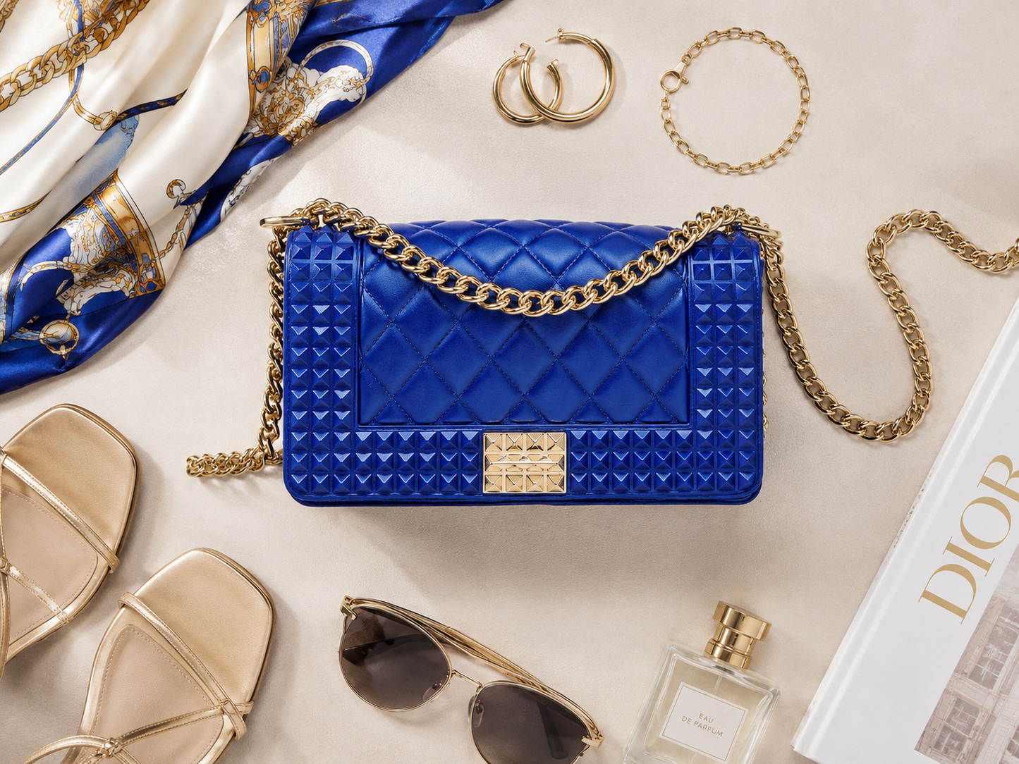 A luxury flat lay showcases the Donna Studded Jelly Chain Crossbody Bag in cobalt blue jelly vegan leather, surrounded by elegant accessories including gold jewelry, sunglasses, sandals, and a silk scarf for a sophisticated fashion editorial presentation.