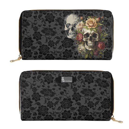 Midnight Lace and Skulls Leather Zipper Wallet