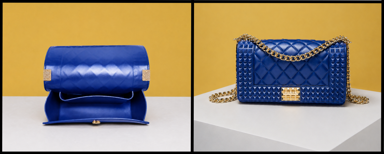 The Donna Studded Jelly Chain Crossbody Bag is shown closed and open, revealing its cobalt blue jelly vegan leather construction, quilted texture, pyramid studs, gold chain strap, and spacious interior. The side-by-side view highlights the bag’s design details and functionality.