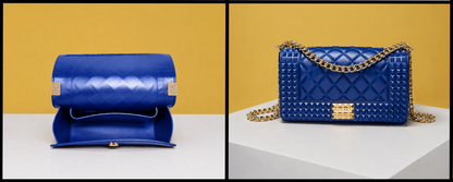 The Donna Studded Jelly Chain Crossbody Bag is shown closed and open, revealing its cobalt blue jelly vegan leather construction, quilted texture, pyramid studs, gold chain strap, and spacious interior. The side-by-side view highlights the bag’s design details and functionality.