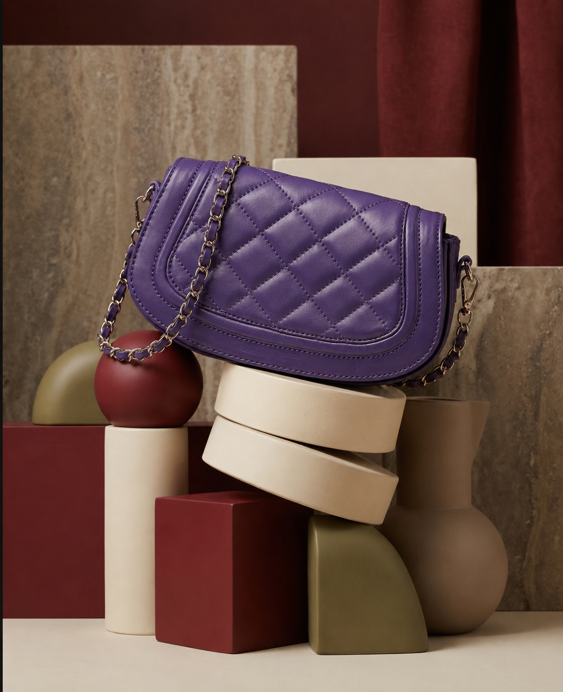 The purple quilted vegan leather Taipei shoulder bag with a gold and purple chain strap, styled on a geometric arrangement of stacked blocks and sculptural vases against a backdrop of textured panels and a dark red curtain.