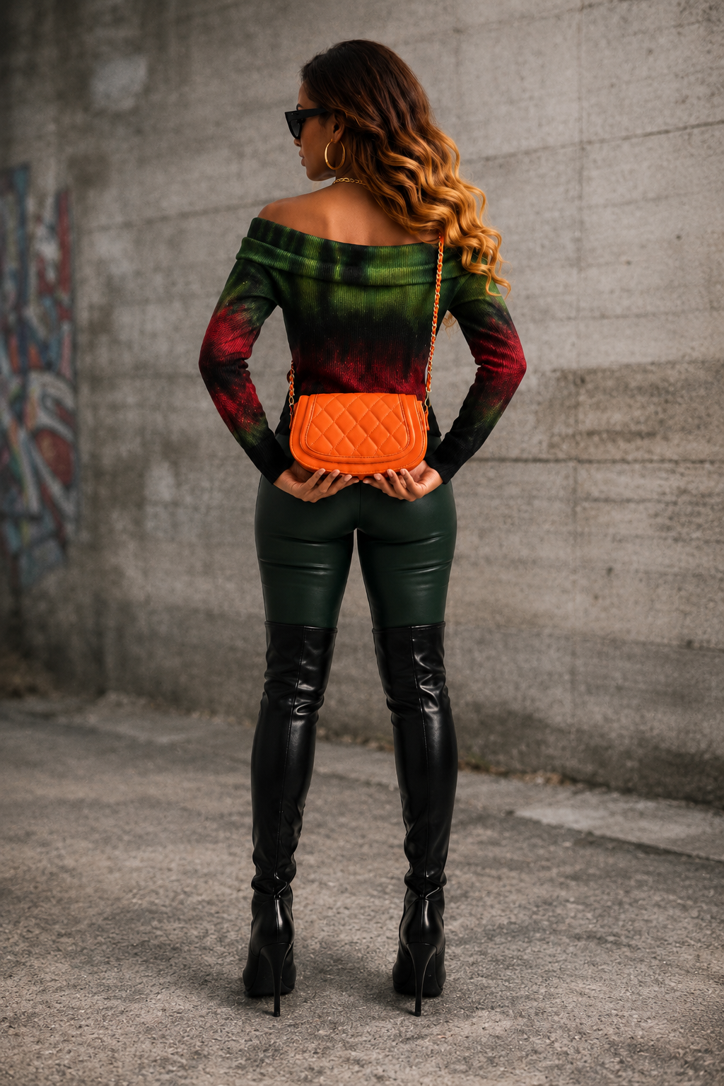 Purse-illa photographed from behind, standing near a concrete wall carrying the orange quilted vegan leather Taipei shoulder bag.