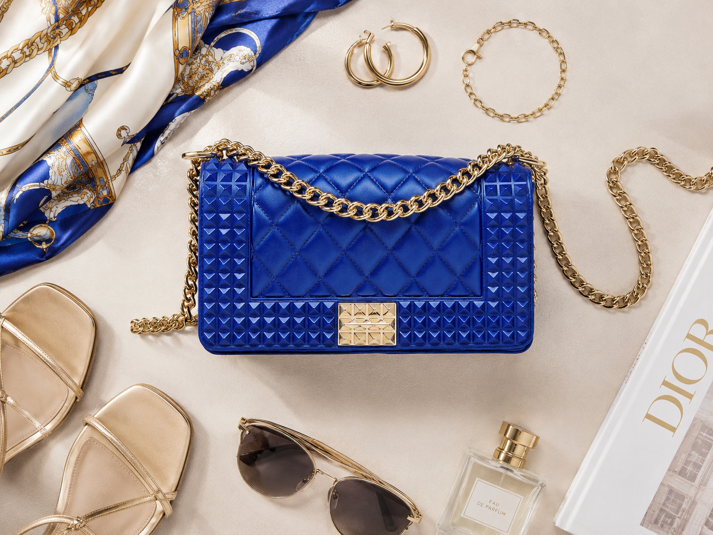 A luxury flat lay showcases the Donna Studded Jelly Chain Crossbody Bag in cobalt blue jelly vegan leather, surrounded by elegant accessories including gold jewelry, sunglasses, sandals, and a silk scarf for a sophisticated fashion editorial presentation.