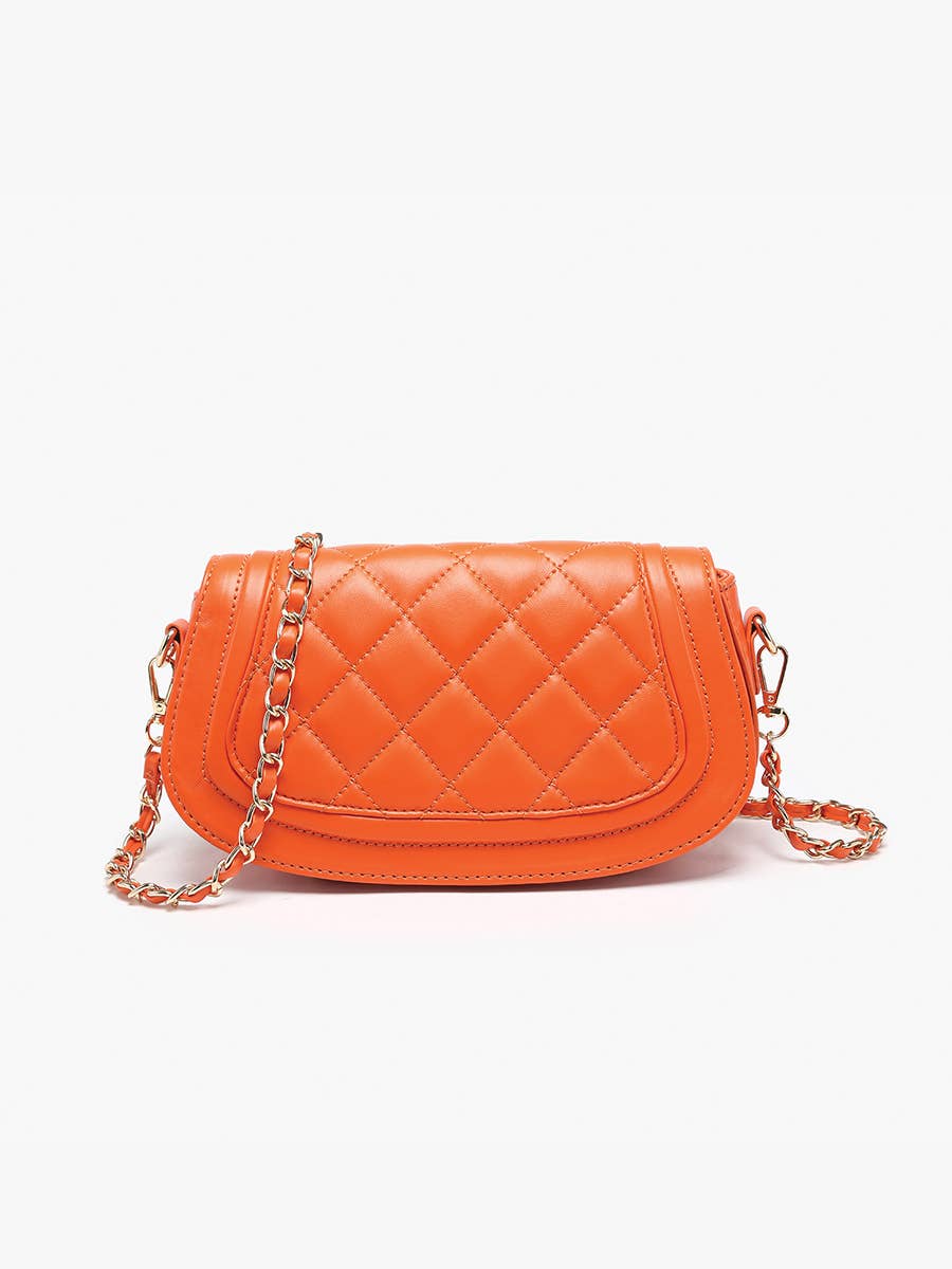 The Taipei shoulder purse features vibrant orange quilted vegan leather, a structured flap design, and a sophisticated chain strap with matching leather detailing. Gold-tone hardware complements the bold color, creating a polished statement accessory for versatile everyday styling.