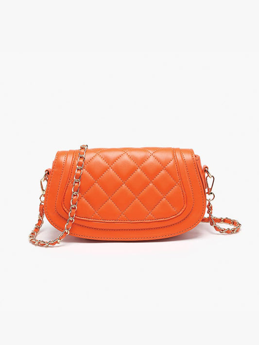 The Taipei shoulder purse features vibrant orange quilted vegan leather, a structured flap design, and a sophisticated chain strap with matching leather detailing. Gold-tone hardware complements the bold color, creating a polished statement accessory for versatile everyday styling.